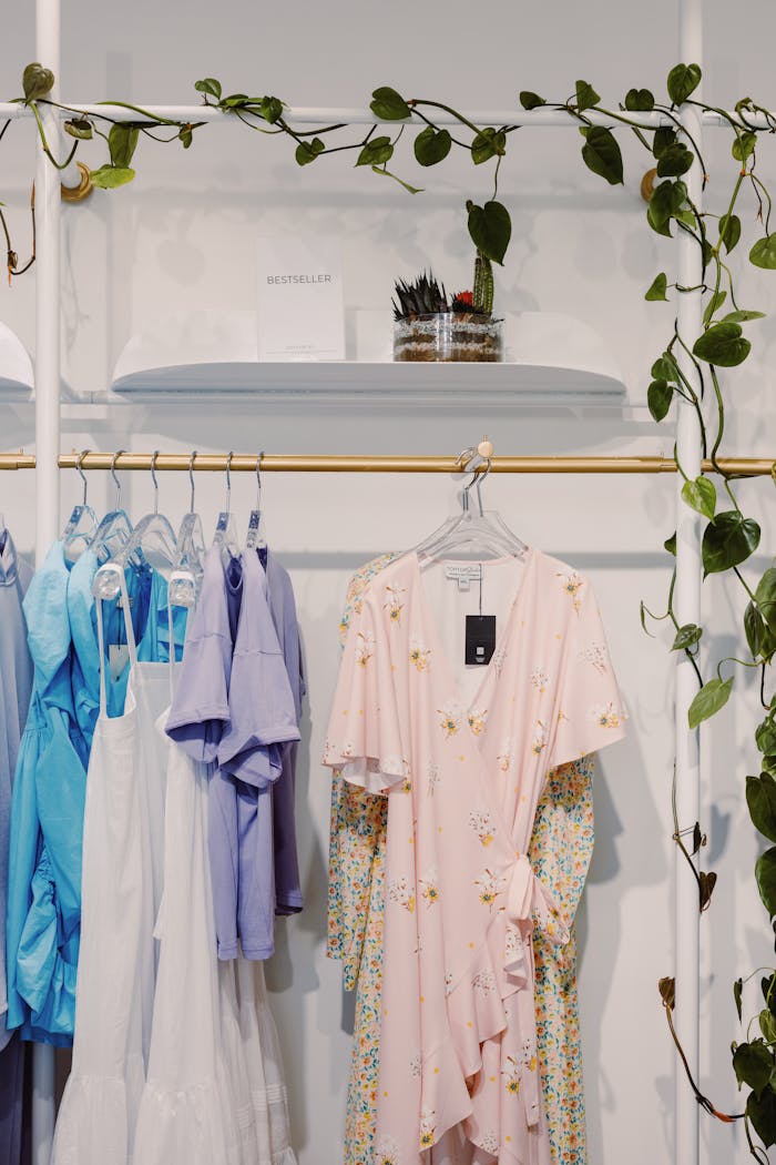 Elegant dresses hanging in a boutique store with a chic interior design.