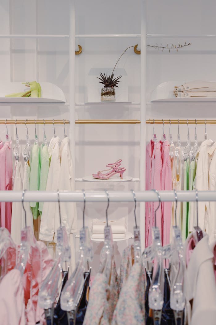 Brightly lit clothing store featuring colorful garments and stylish decor on display racks.